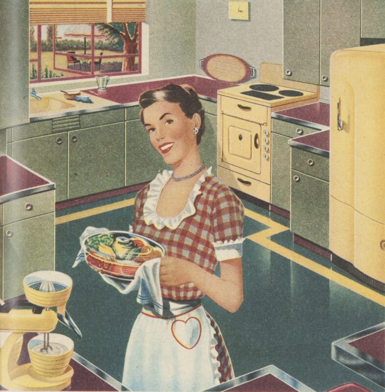 Illustration of a smiling woman in her kitchen. She is wearing a gingham dress and apron.