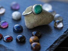 Ring on stone surrounded by colourful gem stones