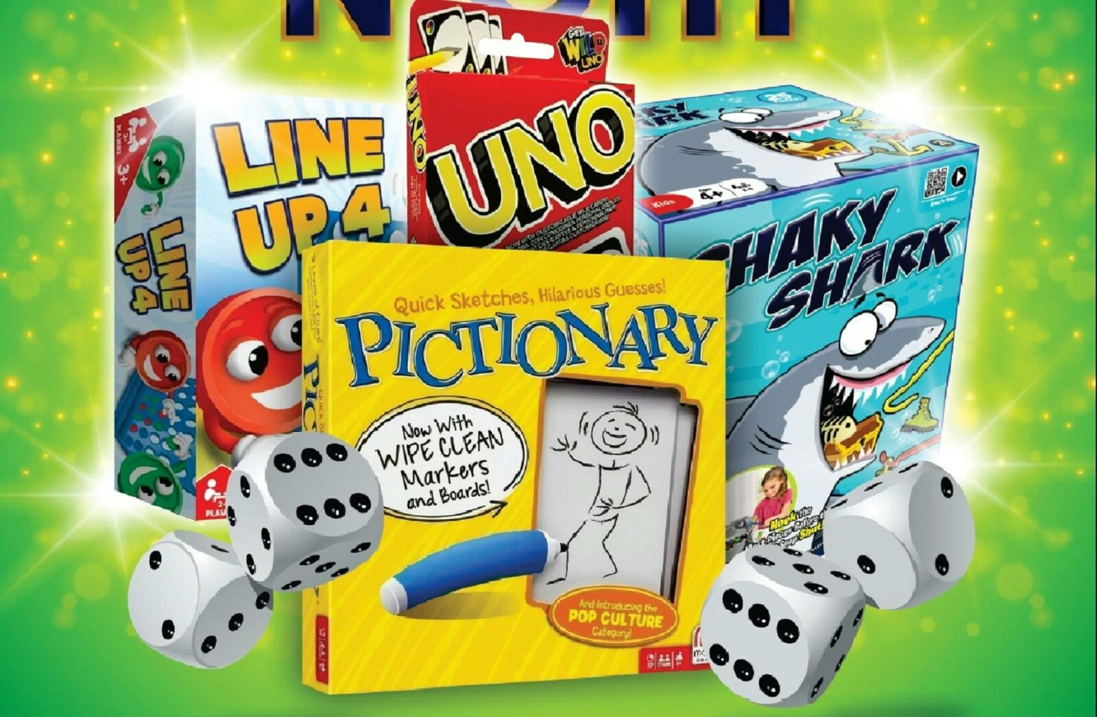 Wednesday Games Night includes games such as Pictionary, Uno, Shaky Shark, Line Up 4