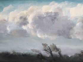 Three windswept trees under a large expanse of grey and white clouds