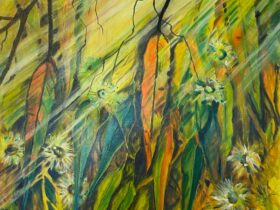 'Morning Ray' Painting by Gail Trollope. Sun coming through eucalyptus leaves.