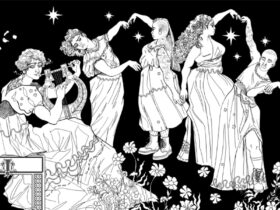 B&W illustration of five ancient Greek characters dancing