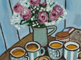 Detail of a still life painting, composed of a bouquet of flowers and mugs of tea on a table