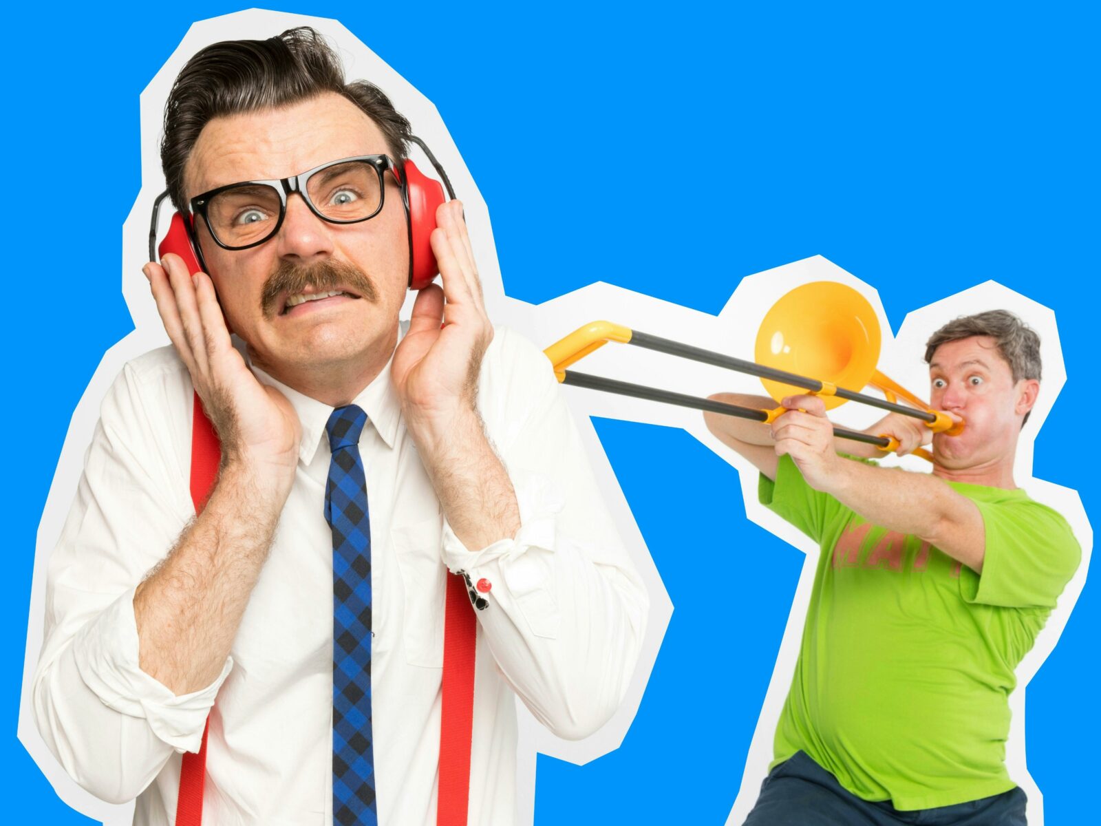 Person playing a trombone to a person in the foreground, who is wearing noise-isolating headphones.