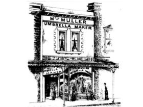 An image of the Mrs Muller Umbrella and Parasol store from the 1800's