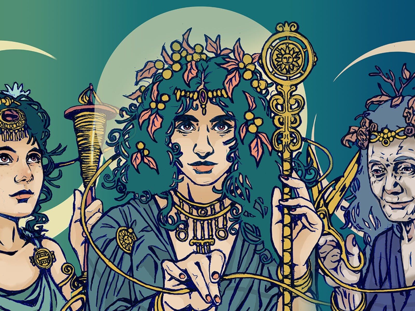 An illustrated depiction of the three Moirai sisters on a blue green background