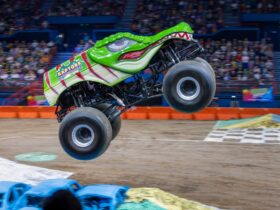 A green monster truck in the air, with a crowd of spectators in the background.