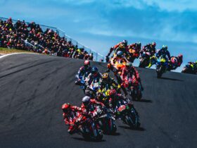 Group of motorbikes racing
