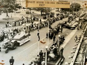 The Queen of the Begonias float passing the Town Hall in the 1957 Ballarat Begonia Festival