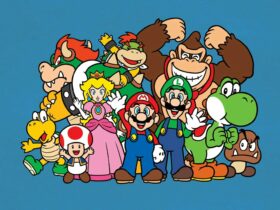 A wallpaper of classic Super Mario Characters from Nintendo
