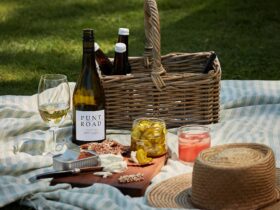 A blanket is laid out with a picnic and wine