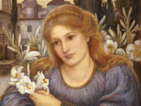 A woman with red hair holding white lilies in front of Renaissance buildings