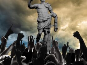 An angry mob stands before the statue of Julius Caesar, a storm brewing in the sky behind