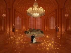 A couple dance in a grand ballroom