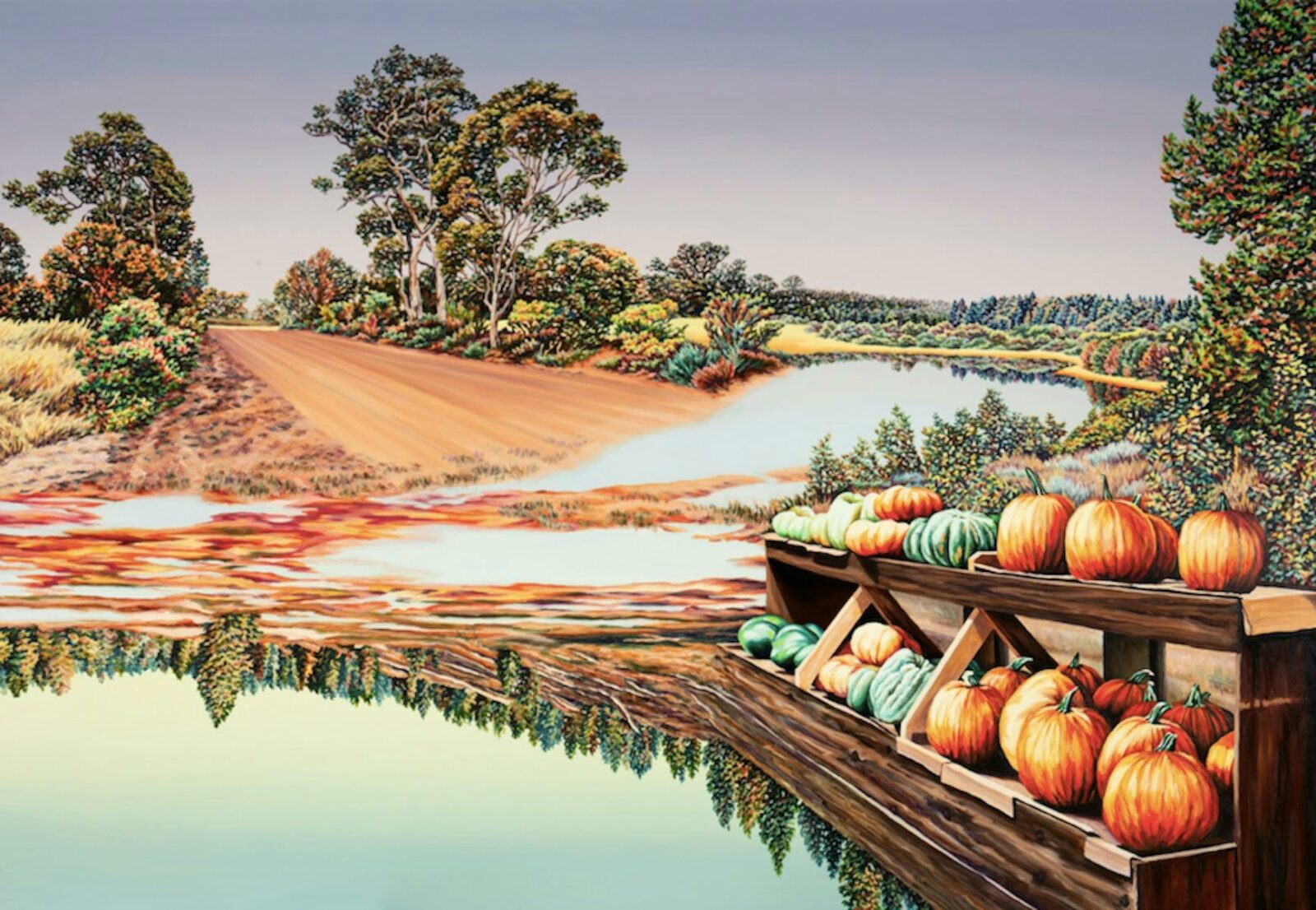 A surreal landscape painting of a dirt road emerging from a body of water and roadside pumpkin stand