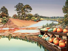 A surreal landscape painting of a dirt road emerging from a body of water and roadside pumpkin stand