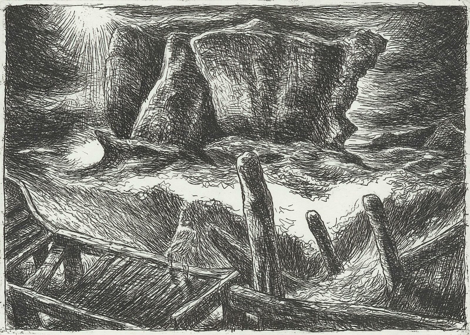 etching of a solitary rock formation against a vast ocean