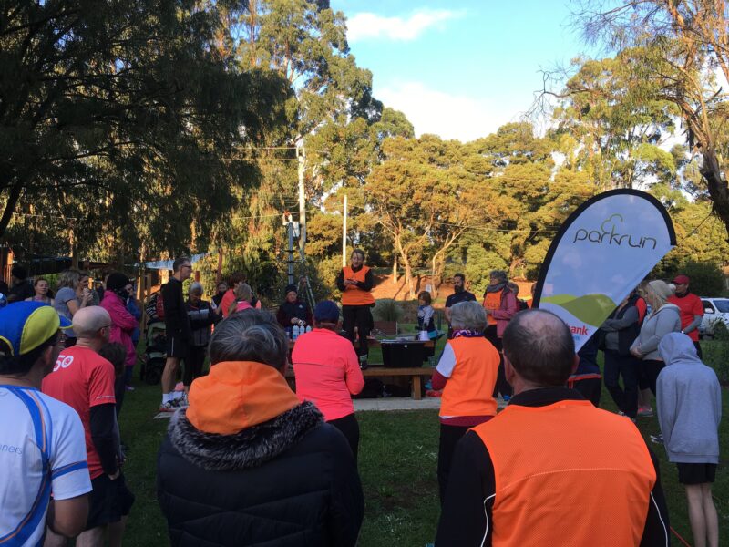 Group of people listening to the introduction at the Timboon parkrun