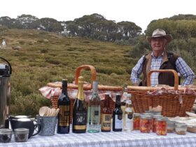 Ken Bell our storyteller, stands beside the picnic spread with a view of the walkers coming to join