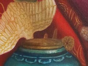 Detail of a painting depicting birds on textiles and ceramics in vivid colours