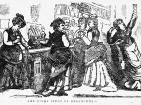 Black and white 19th century etching of women drinking at a bar