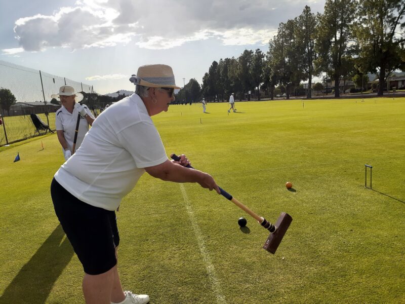 Lesley is playing at the Wodonga Croquet Club in Wodonga.