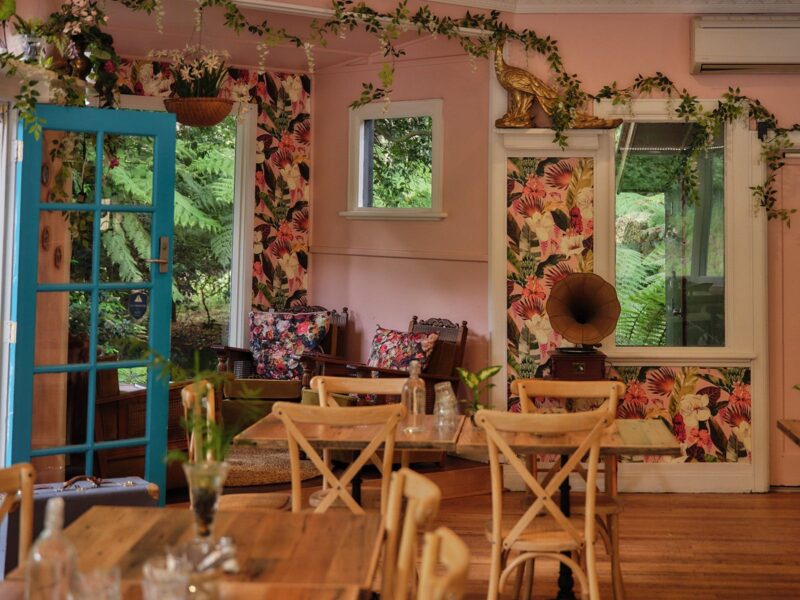 A tropical inspired restaurant with views of the river