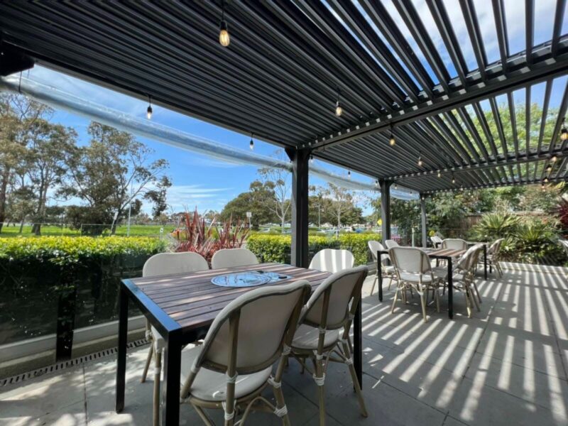 Under cover outdoor dining terrace overlooking Hastings foreshore