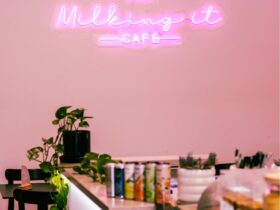 Milking it cafe inside with a neon light