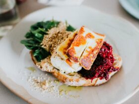 Poached eggs, grilled halloumi, beetroot relish, baby spinach, hazelnut dukkah, toasted sourdough