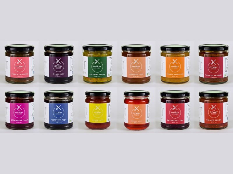range of jams, relishes and chutneys lined up in a row