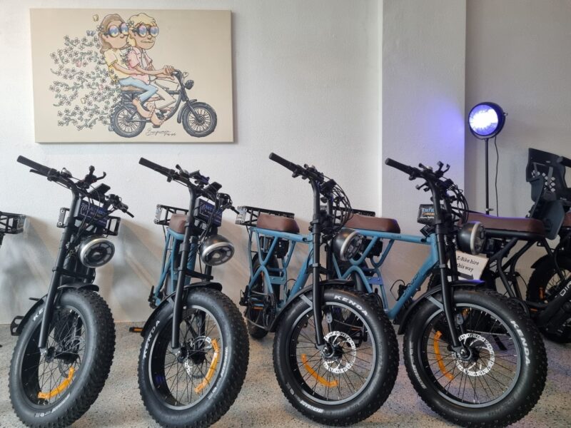 4 e-bikes with a Ben Ross artwork in the background