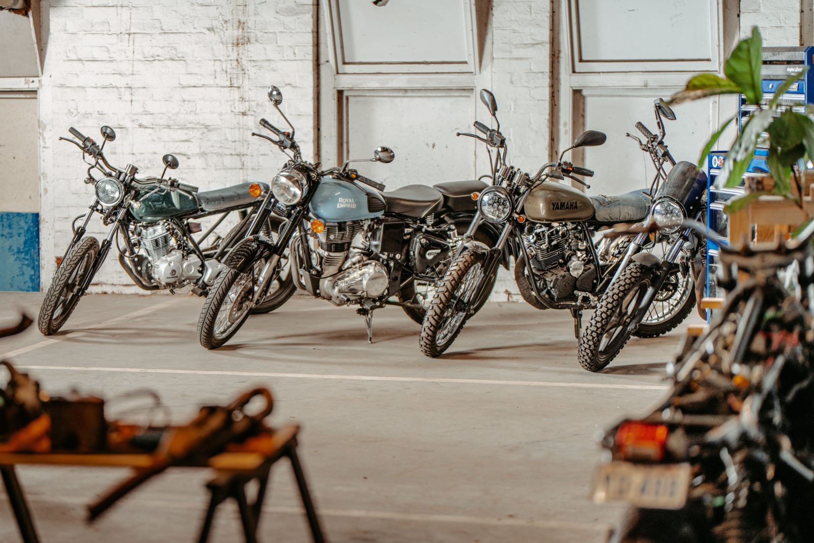 Custom motorcycles in garage
