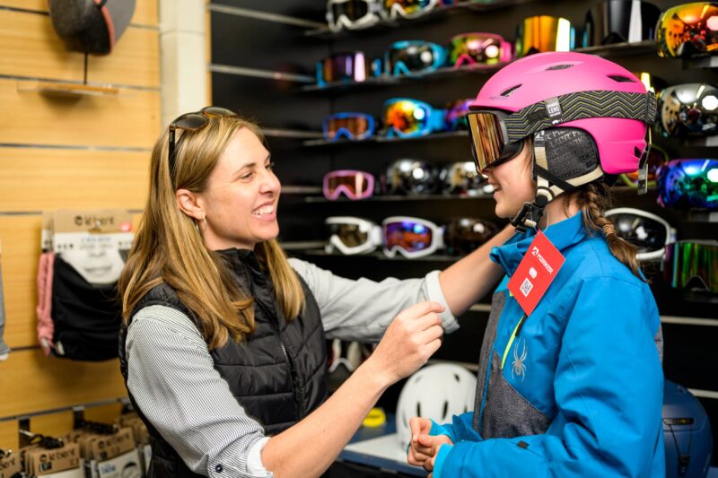 Helmets and goggles for sale or hire at Yogis