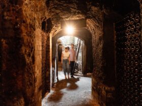 A man and a woman exploring the underground cellars