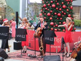 Guitarist and string quartet playing in front of a Christmas tree