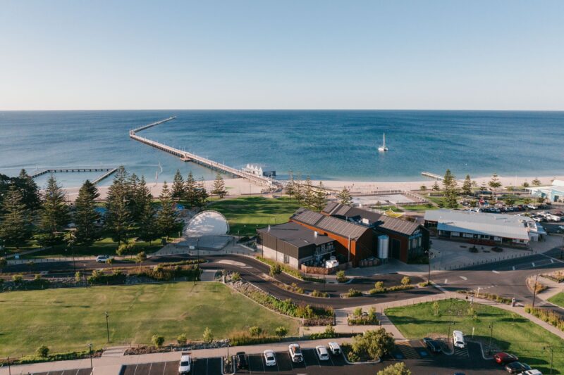 Drone shot of Shelter Brewing and the Busselton Jetty