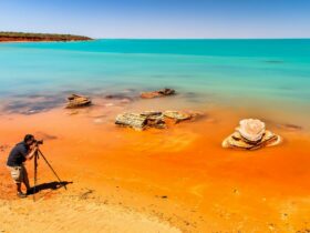 Blue and red colours of Broome during big tides.