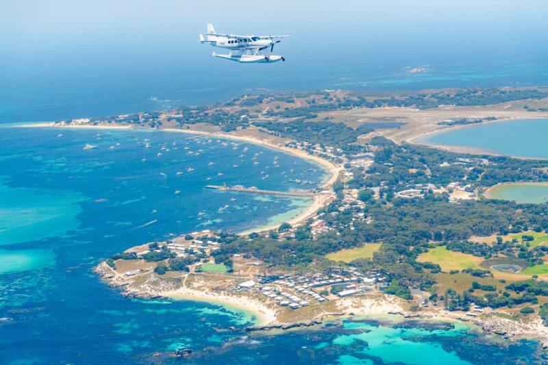 Aerial image of seaplane flying over Rottnest Island, Western Australia